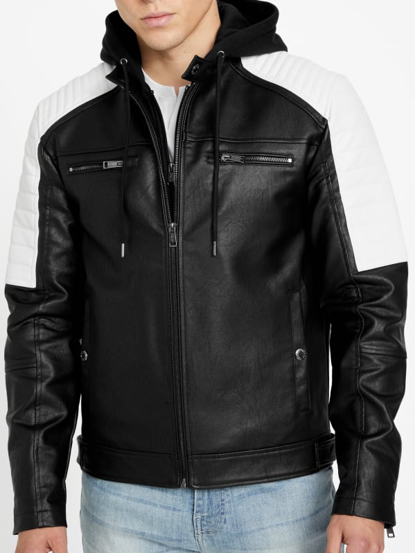 Guess men's faux store leather hooded moto jacket