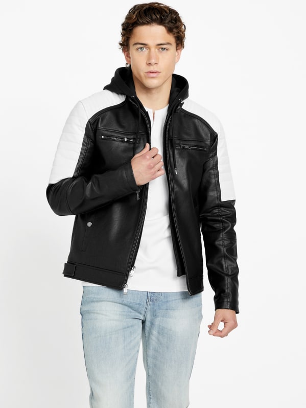 Guess men's faux hot sale leather hooded moto jacket