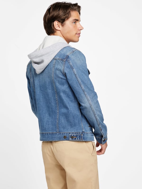 Blue hooded denim jacket deals