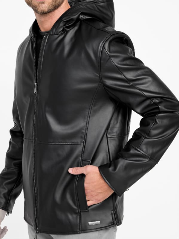 Andy Faux-Leather Hooded Jacket | GUESS Factory Andy Faux-Leather Hooded Jacket | GUESS Factory