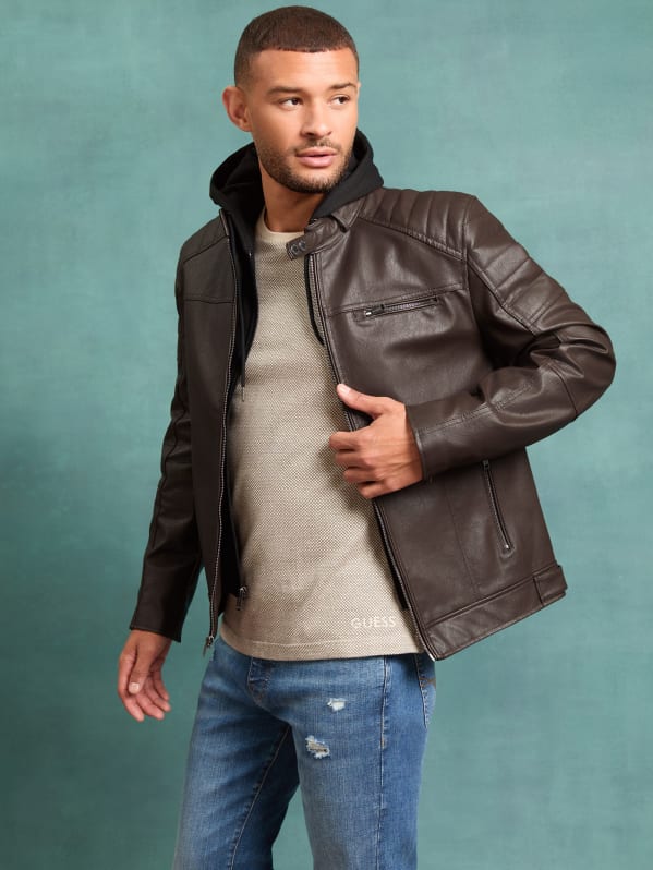 Guess men's faux leather hooded moto jacket best sale