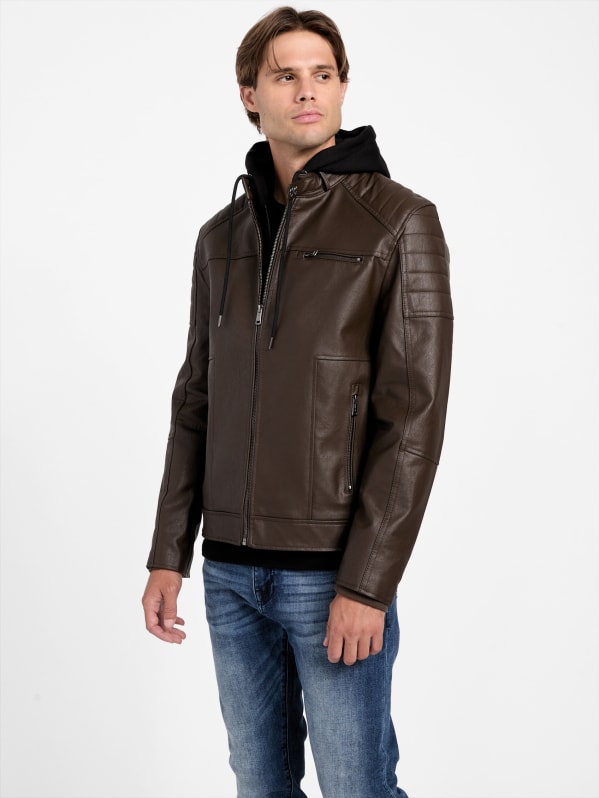 Guess men's faux leather hooded moto jacket top