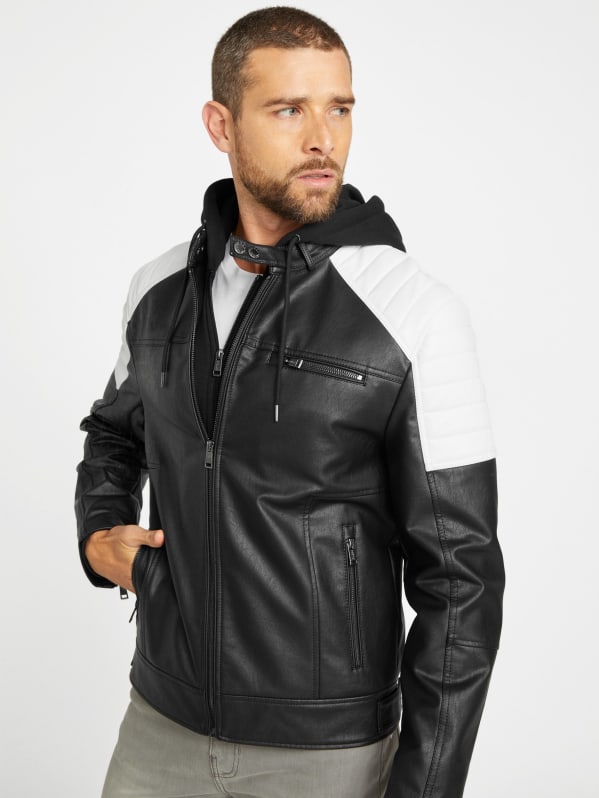 Leather moto jacket with hood sales