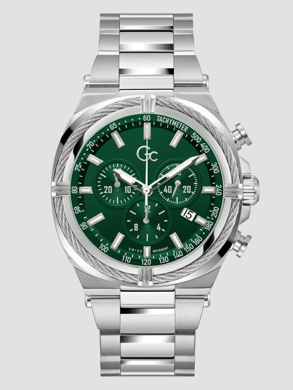 Gc Silver Tone and Green Chronograph Watch GUESS