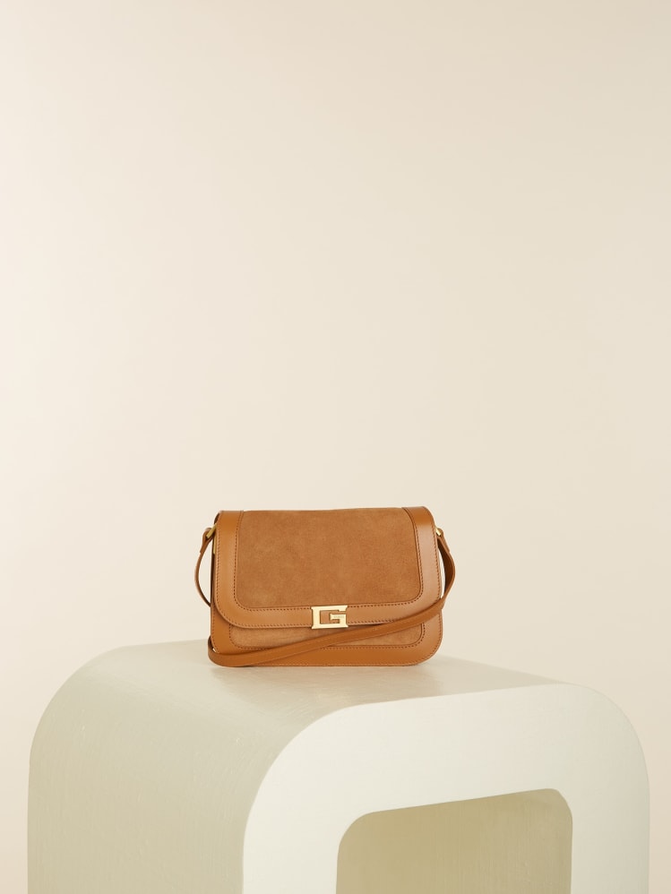 Tan Guess Thea Mini Flap Leather Crossbody 