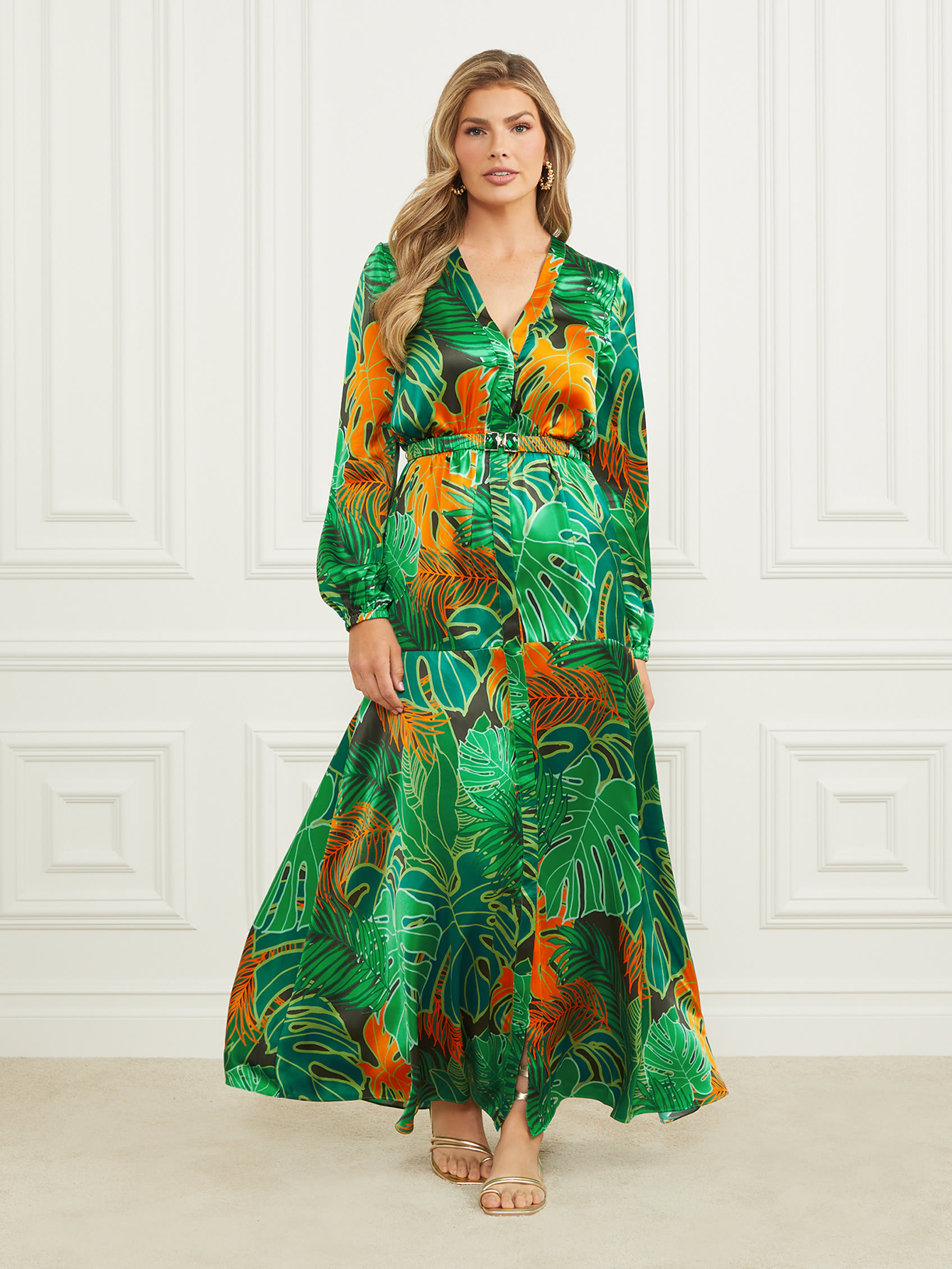 MARCIANO Amazon Leaf Belted Silk Dress