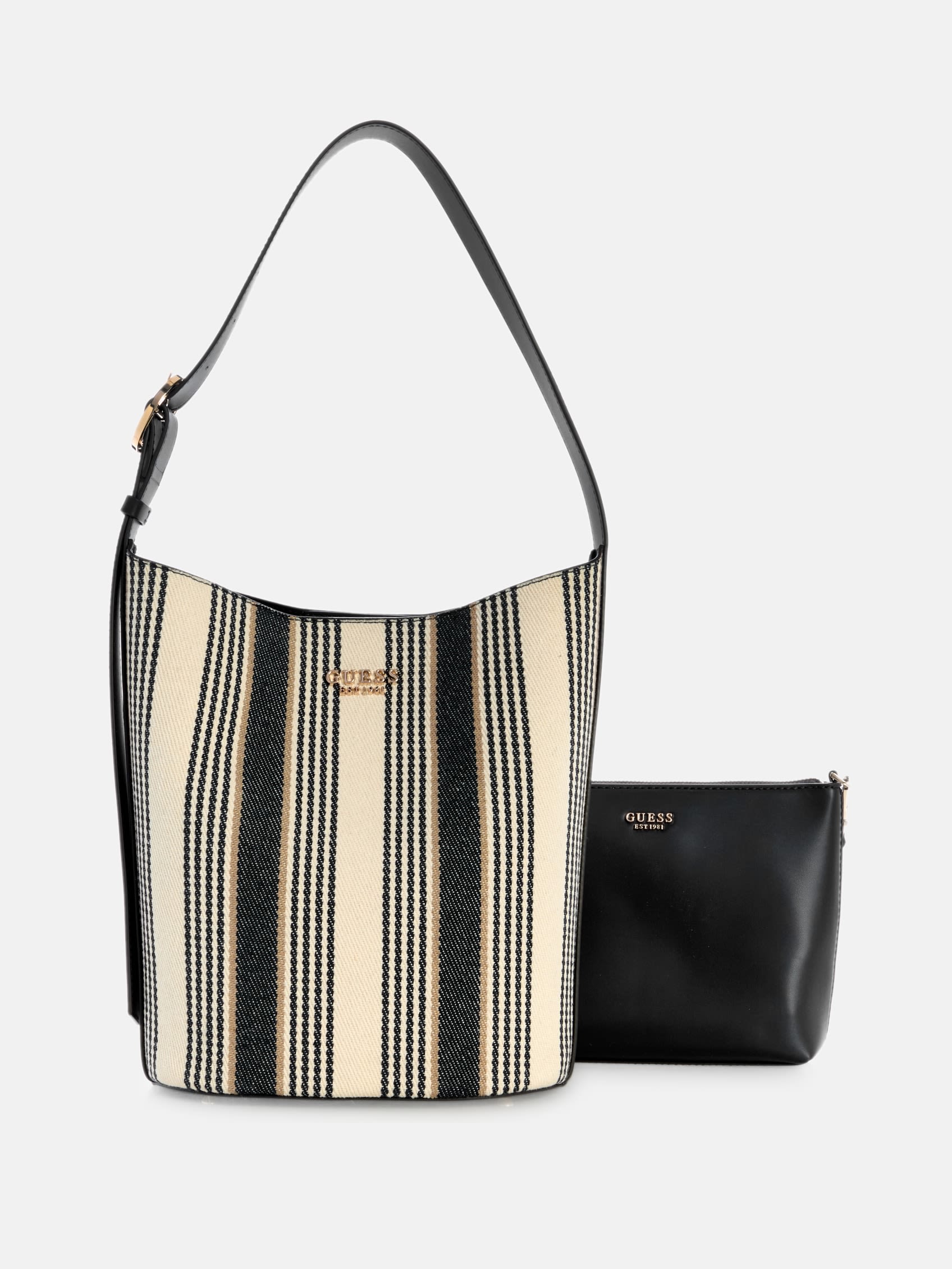GUESS Nicolette Striped Canvas Large Bucket Bag