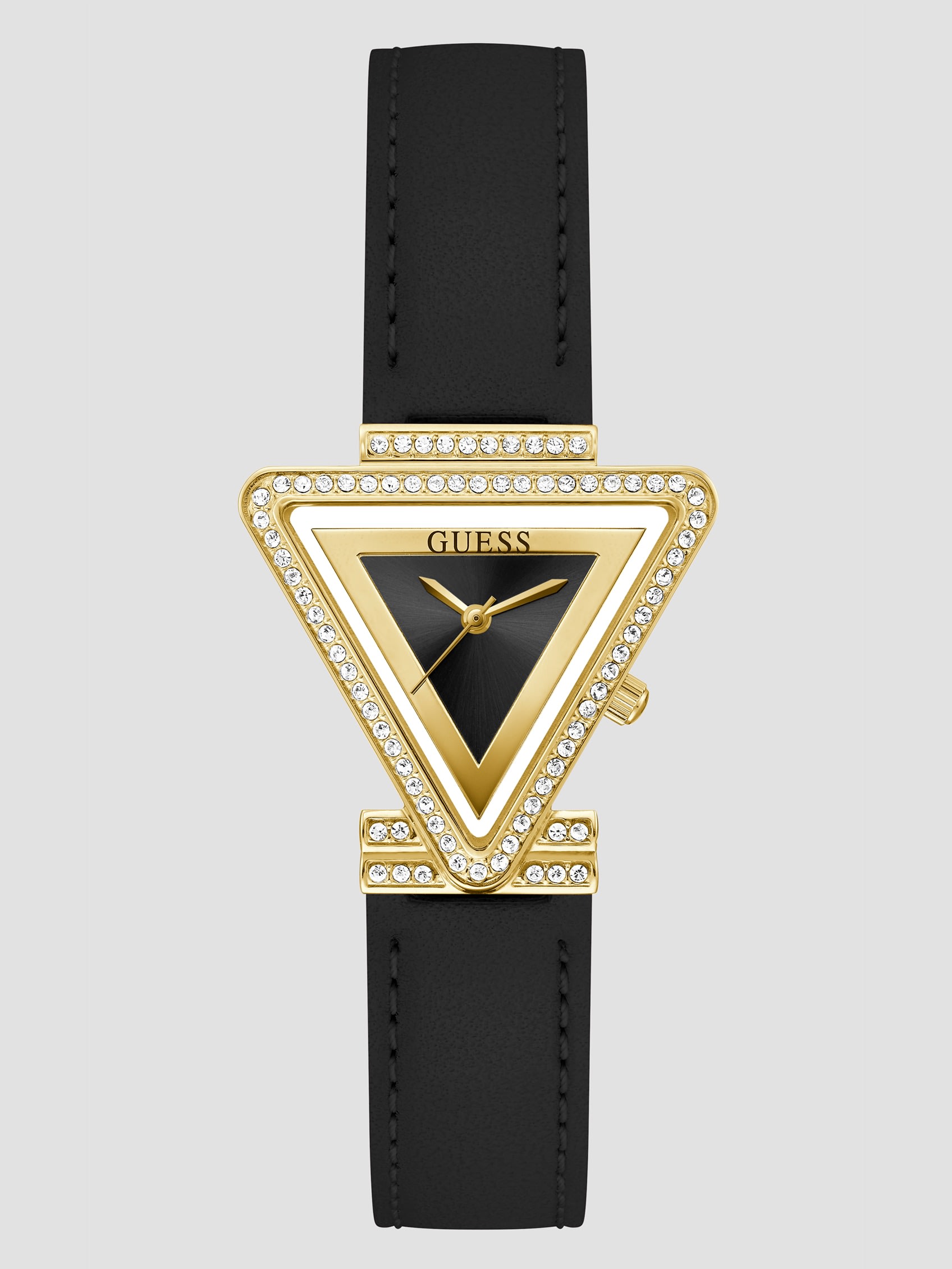 GUESS Gold-Tone Triangle And Black Leather Analog Watch