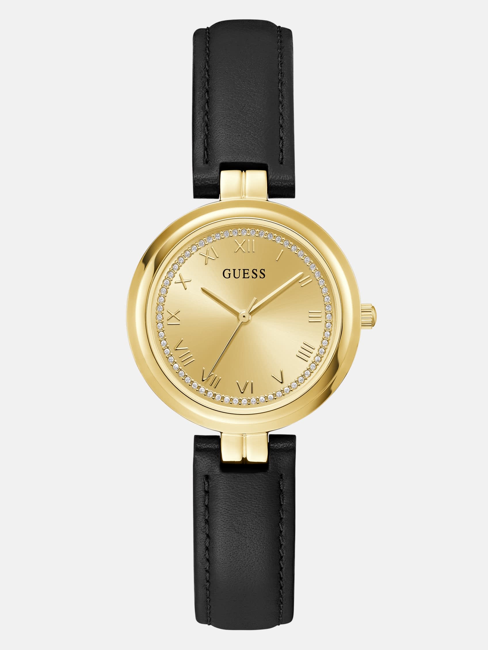Factory Gold-Tone Crystal And Brown Leather Analog Watch