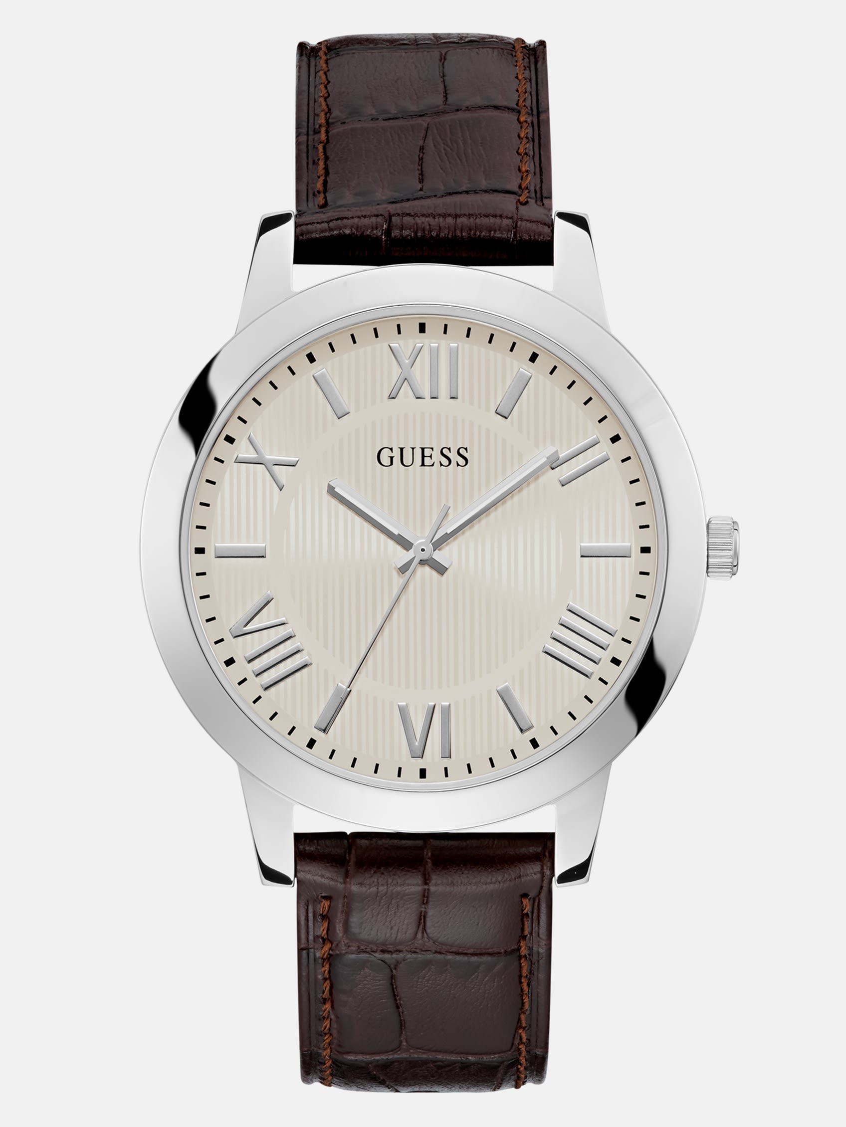 Factory Silver-Tone And Brown Leather Analog Watch