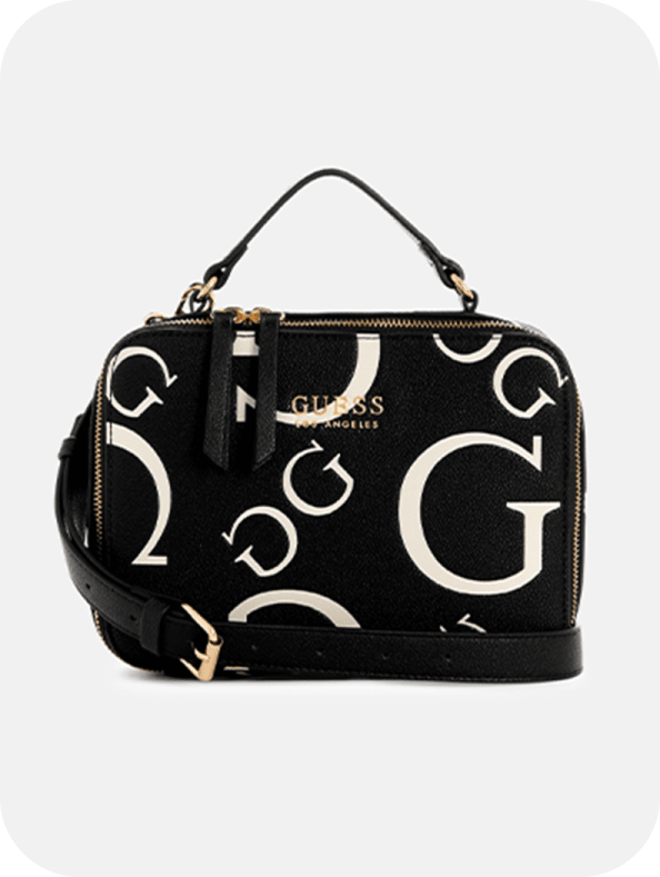 shop logo bags featuring a black camera bag with oversized logo print