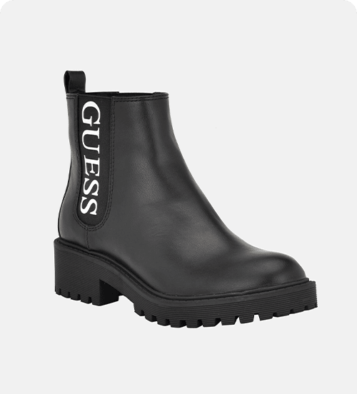 Shop boots and booties for women featuring black faux-leather lug sole ankle boots