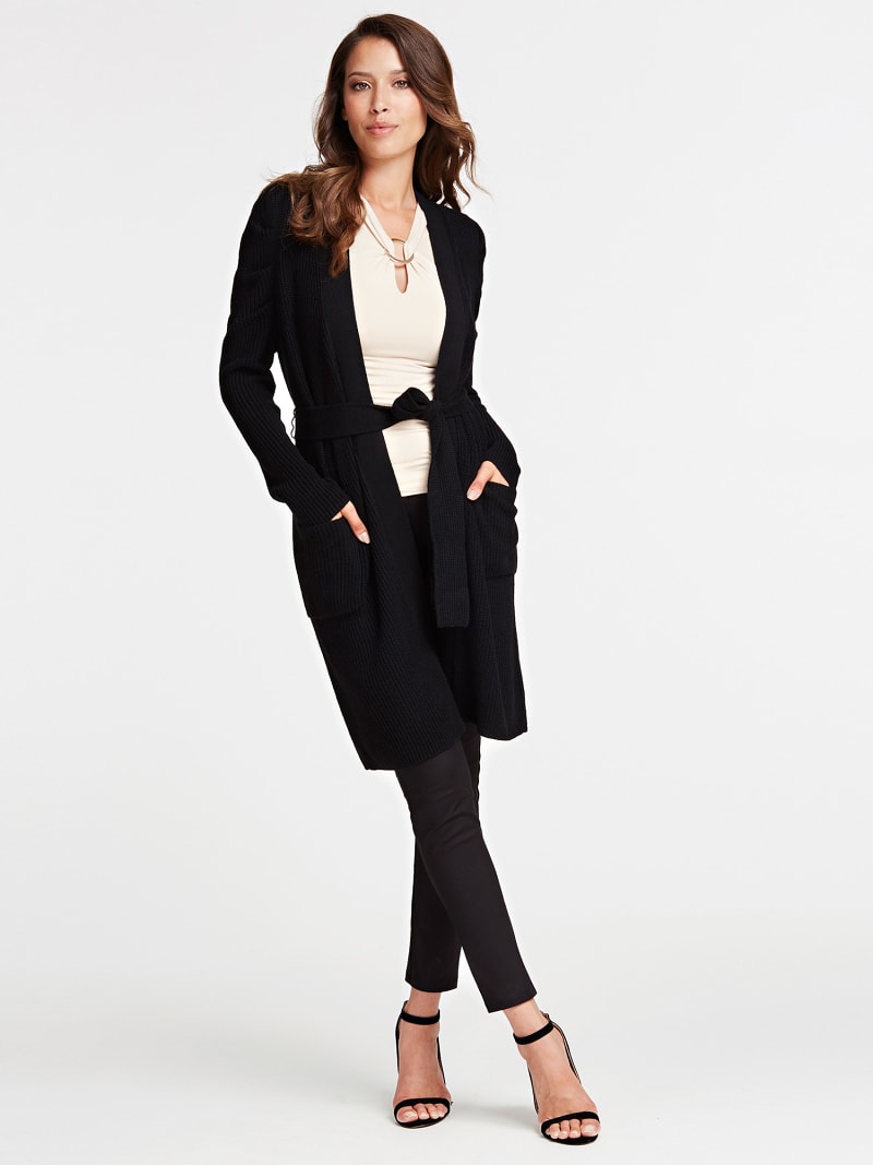 long black belted cardigan