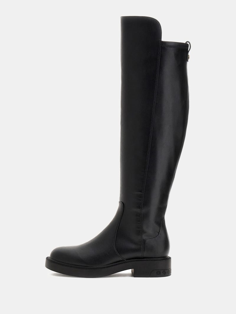 GUESS Rumela Women's Black Leather Knee-High Boots – Size 5.5, Pointed Toe, 3.5" Heel