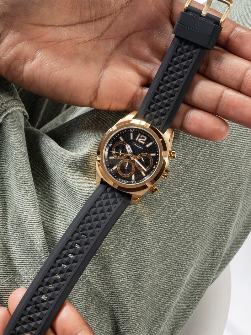 Orologio Uomo GUESS - Multifunzione, Quadrante Nero E Dettagli Oro, Cinturino In Poliuretano Nero - 46 Mm, Resistente All'Acqua 50m
