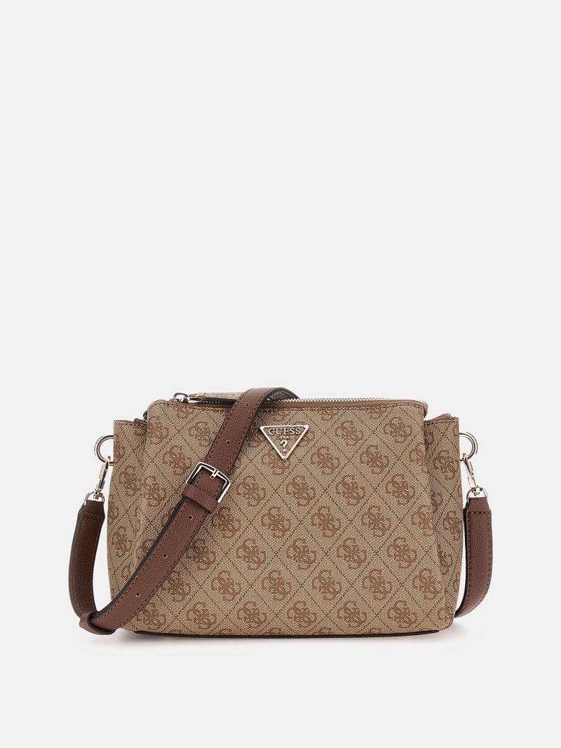 Sac Bandoulière Double Compartiment GUESS Noelle - Cuir PU Saffiano, Détails Dorés, Couleur Marron - Sac Femme Tendance