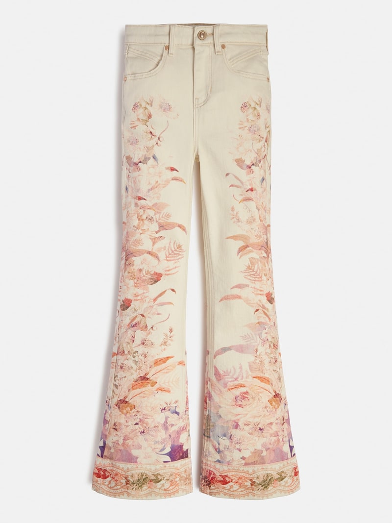 Denimowe spodnie fason flare w kwiatowy print