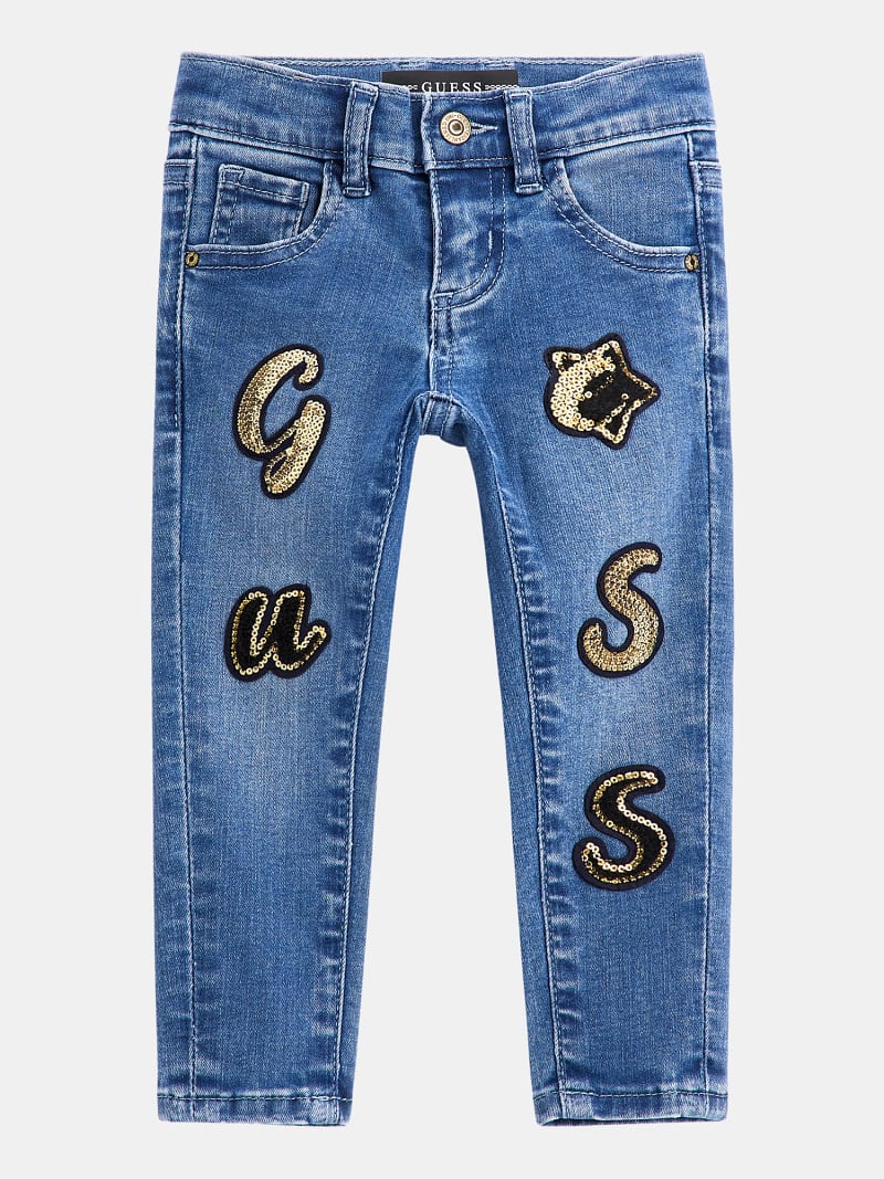All over patch skinny denim pant