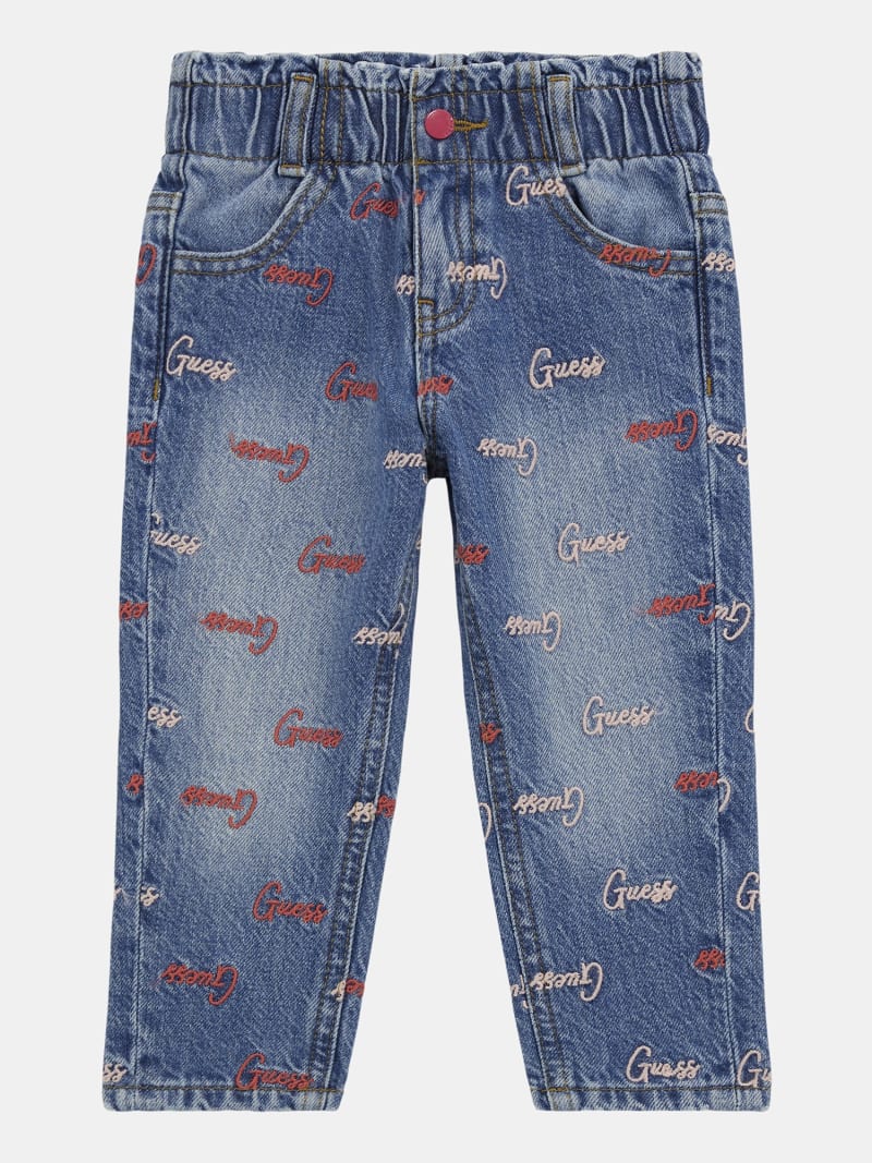 Jeans con logo ricamato all over