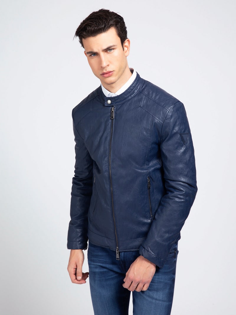 guess blue leather jacket