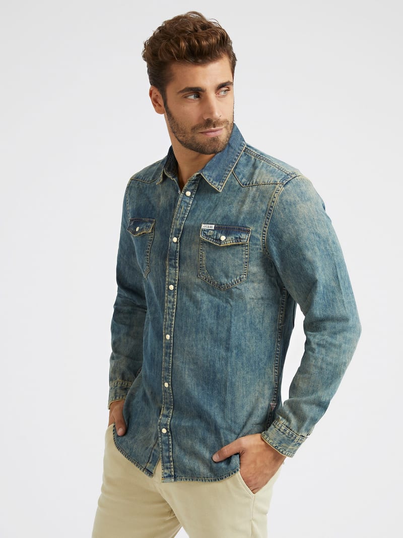 Mens guess denim shirt clearance