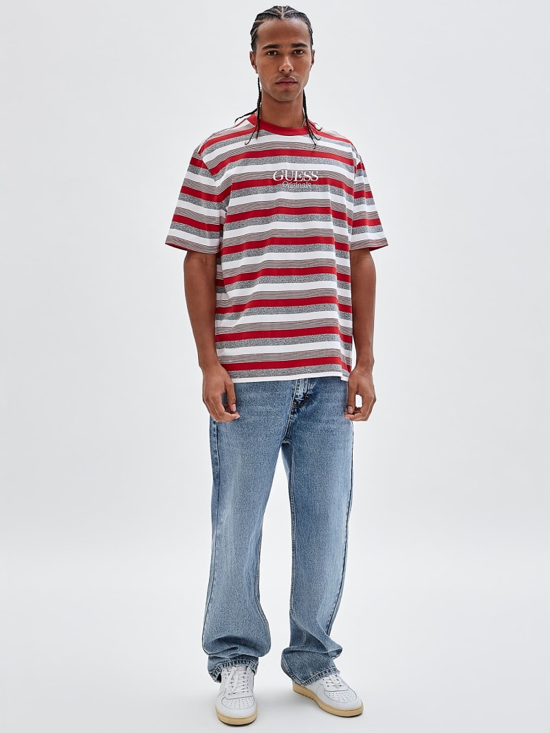 Guess jeans red sales and white striped shirt