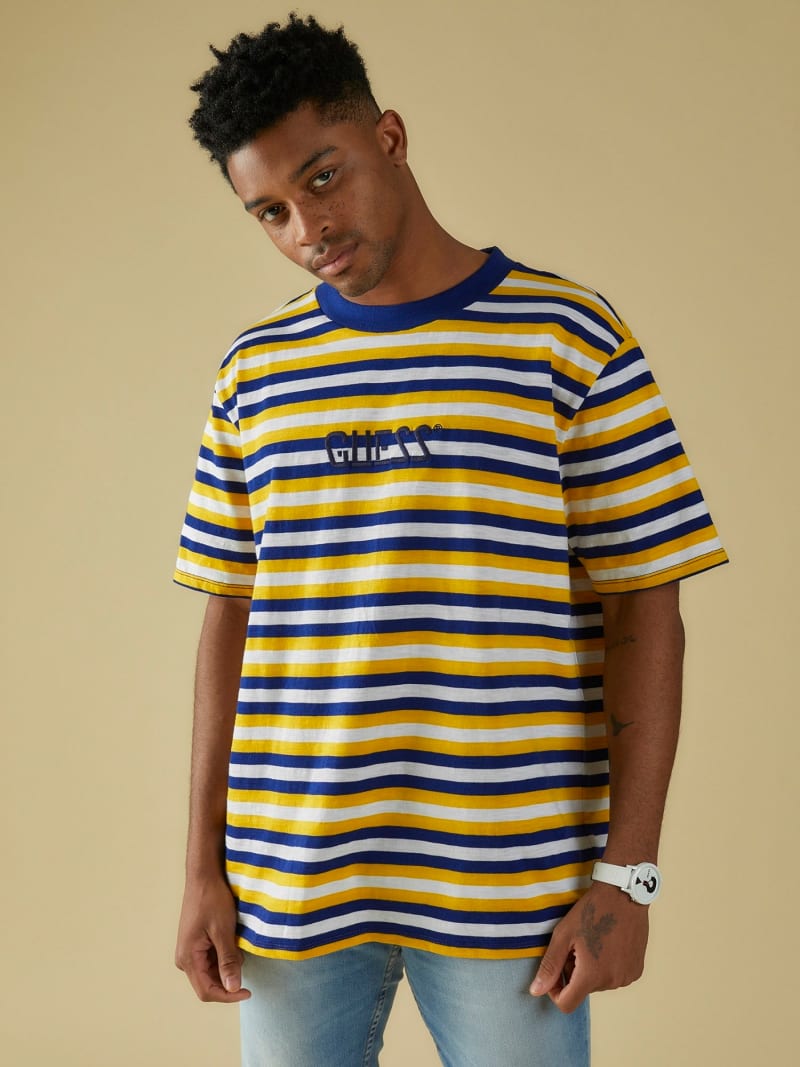 guess jeans blue and yellow striped shirt