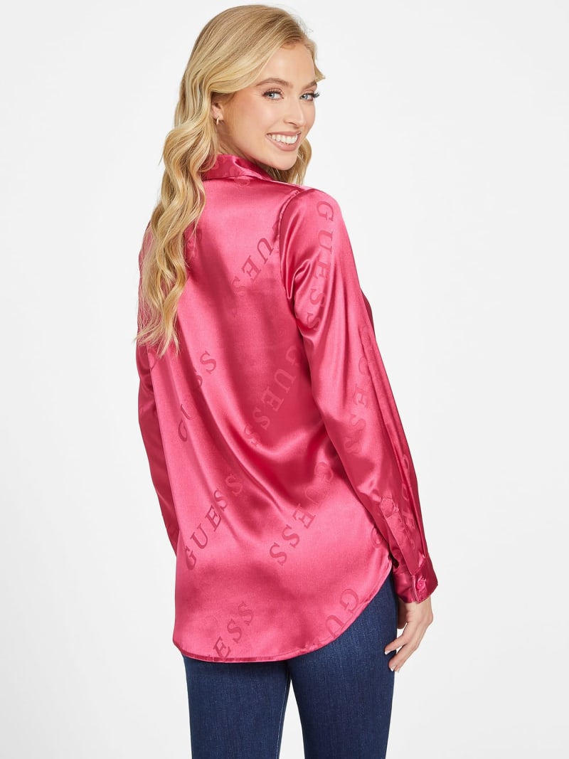Guess, Woman, All Over Print Logo Satin Shirt, Pink, Size S