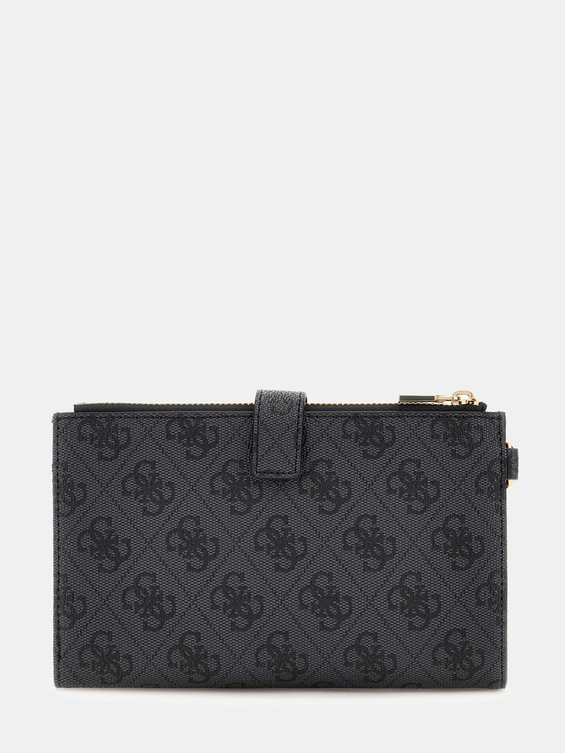 Portafoglio Guess Laurel SLG In Ecopelle Saffiano Nera, 7 Slot Carte, Tasche E Laccio Polso, Hardware Bronzo