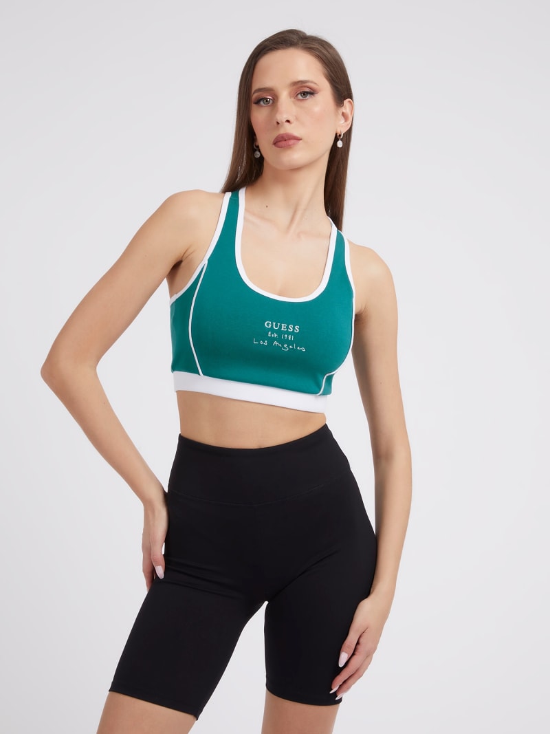 Front and back logo active bra