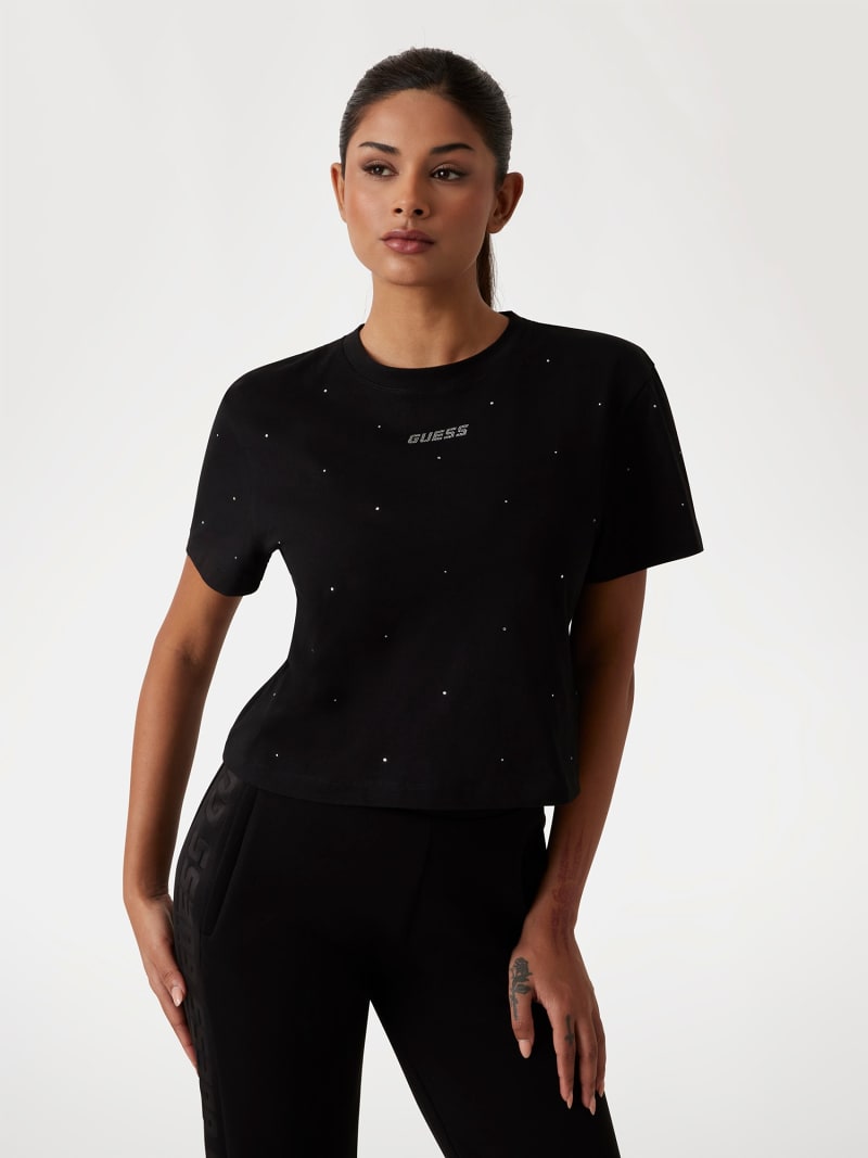 Guess Active Frauen Fruhling Sommer Strass Rundhals T Shirt Schwarz main image 0