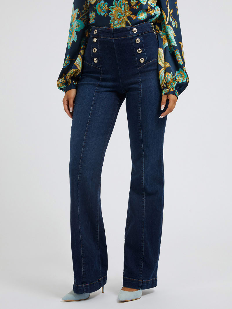 Flared denim broek zichtbare knopen