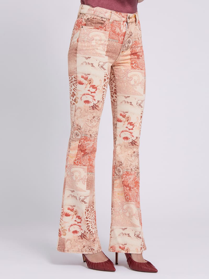 Denimowe spodnie fason flare z printem