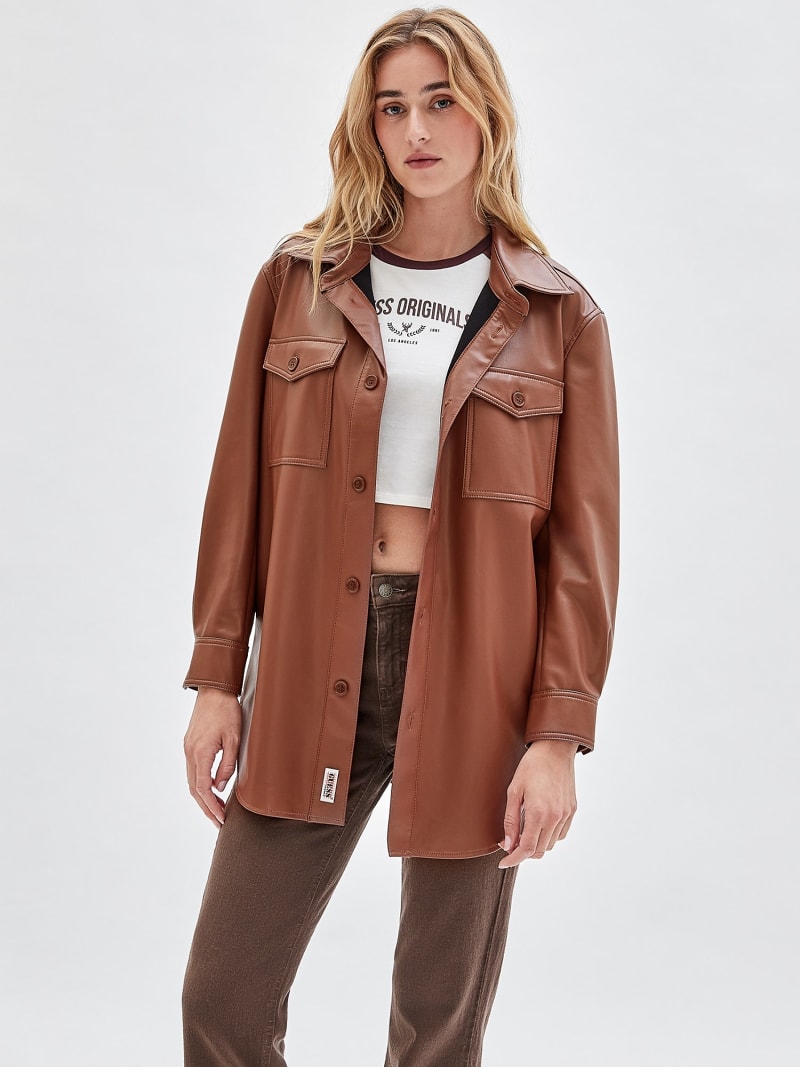 Faux leather shirt jacket