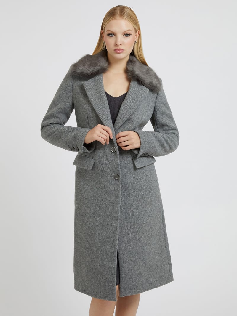Faux fur collar wool blend coat