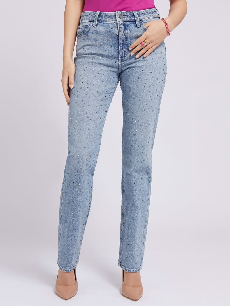 Rhinestones straight denim pant