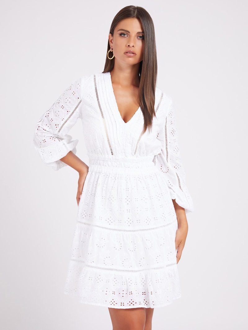 White eyelet dress with bell sleeves sales