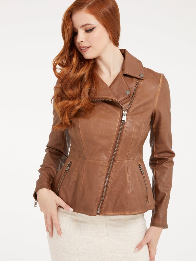 Guess brown leather jacket womens sales