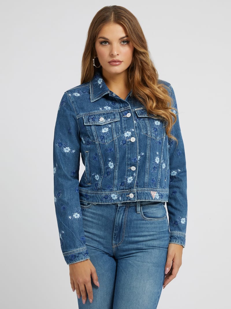 Veste en jeans fleurs brodées