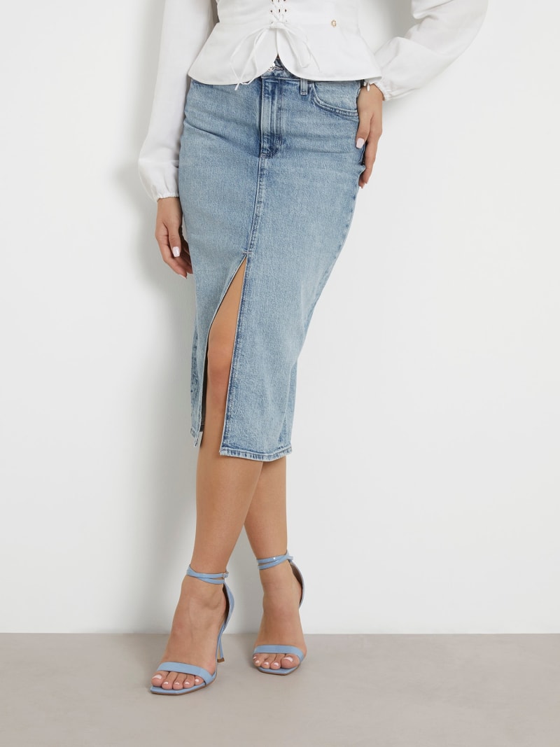 Front slit denim midi skirt