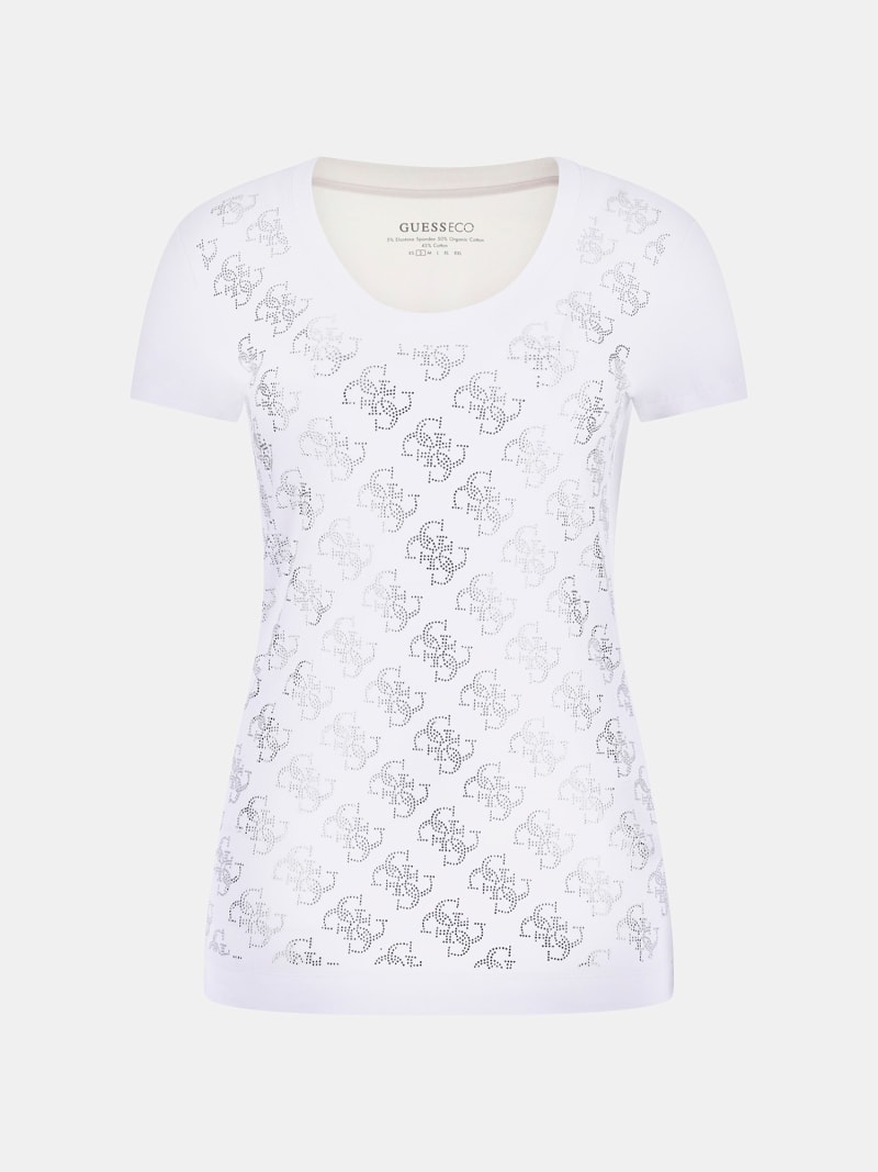 Original T-shirt Femme Gio Goi Blanc Motif Visage Femme Rouge Et Strass T:S