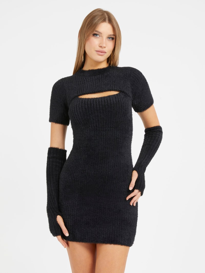 Detachable sleeves mini sweater dress