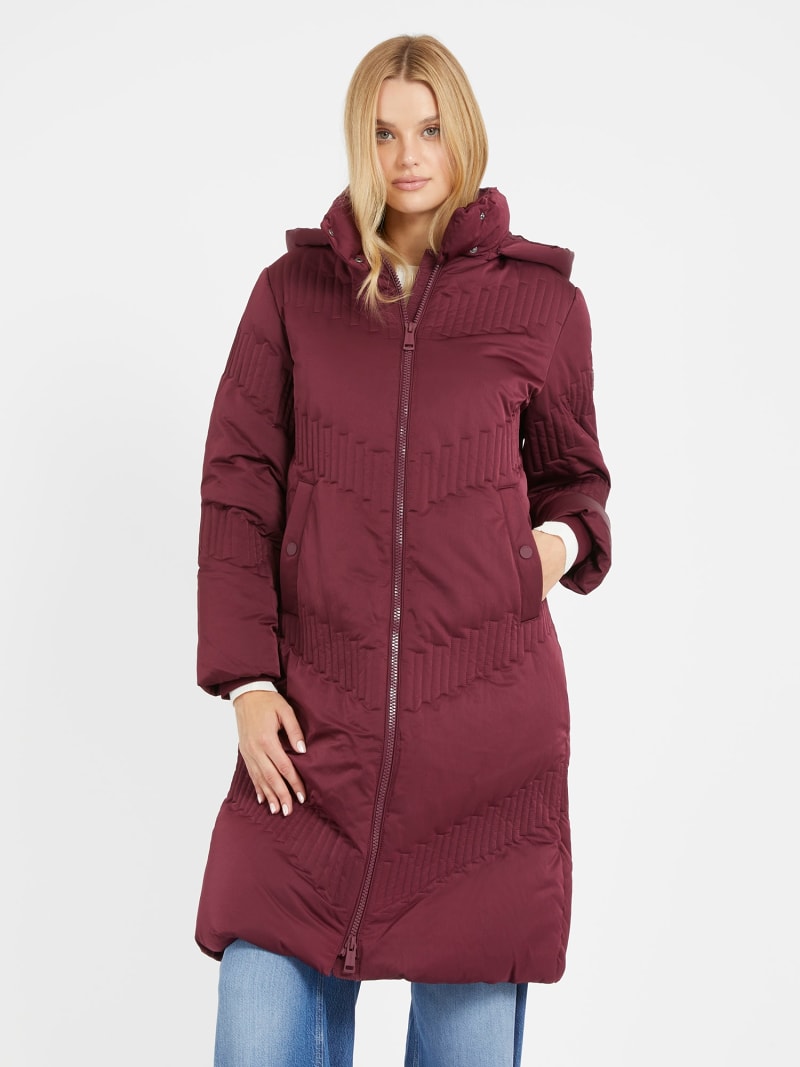 maroon long puffer coat