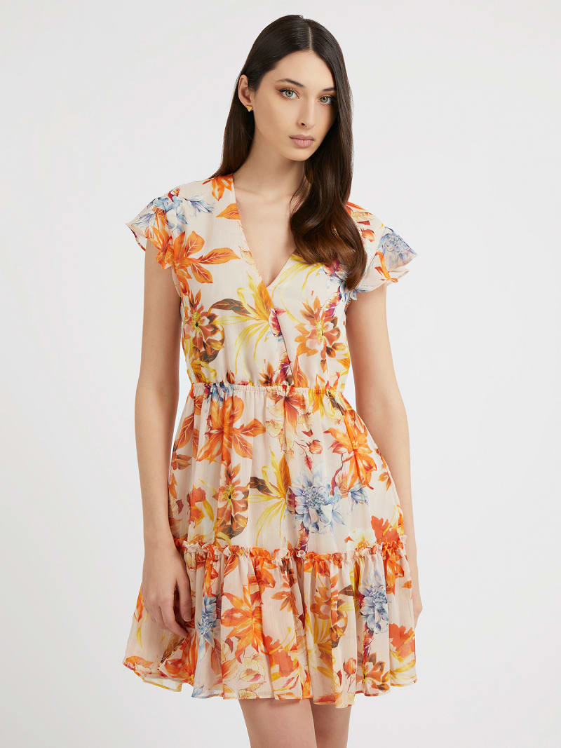 Vestido estampado floral com folhos