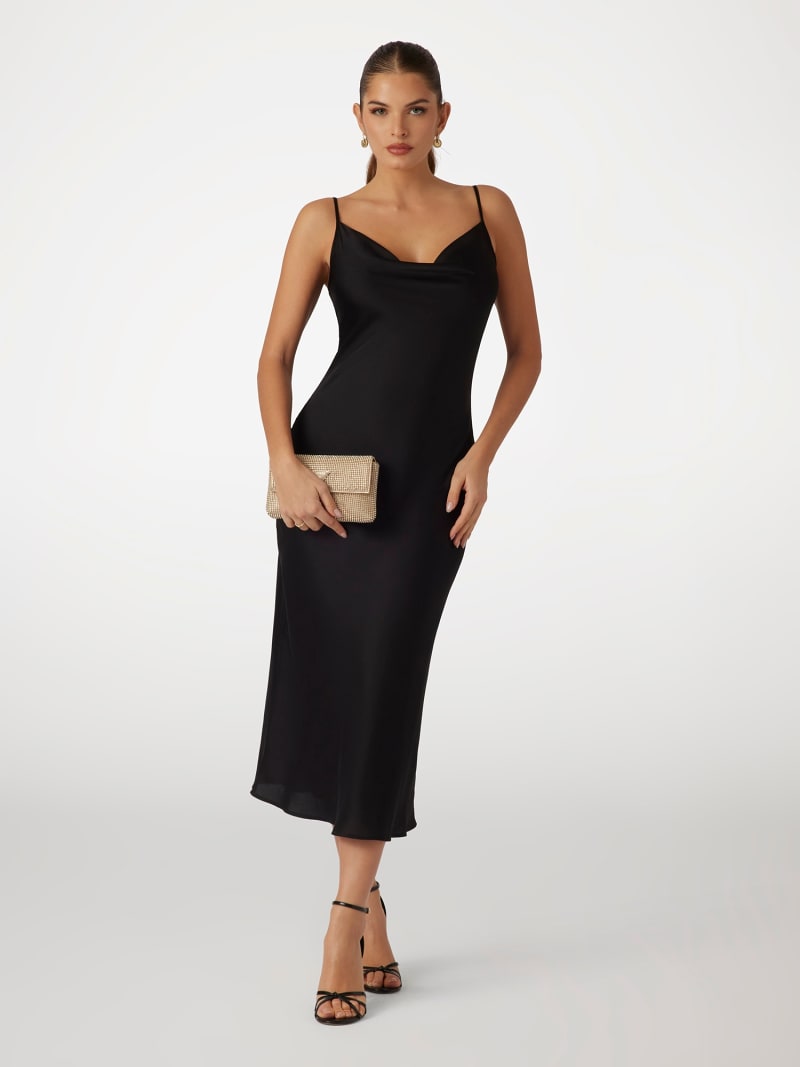 Cowl Neck Satin Slip Cami Midi Dress - Black