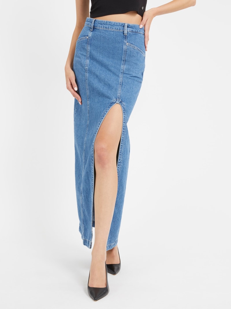 Front slit denim long skirt