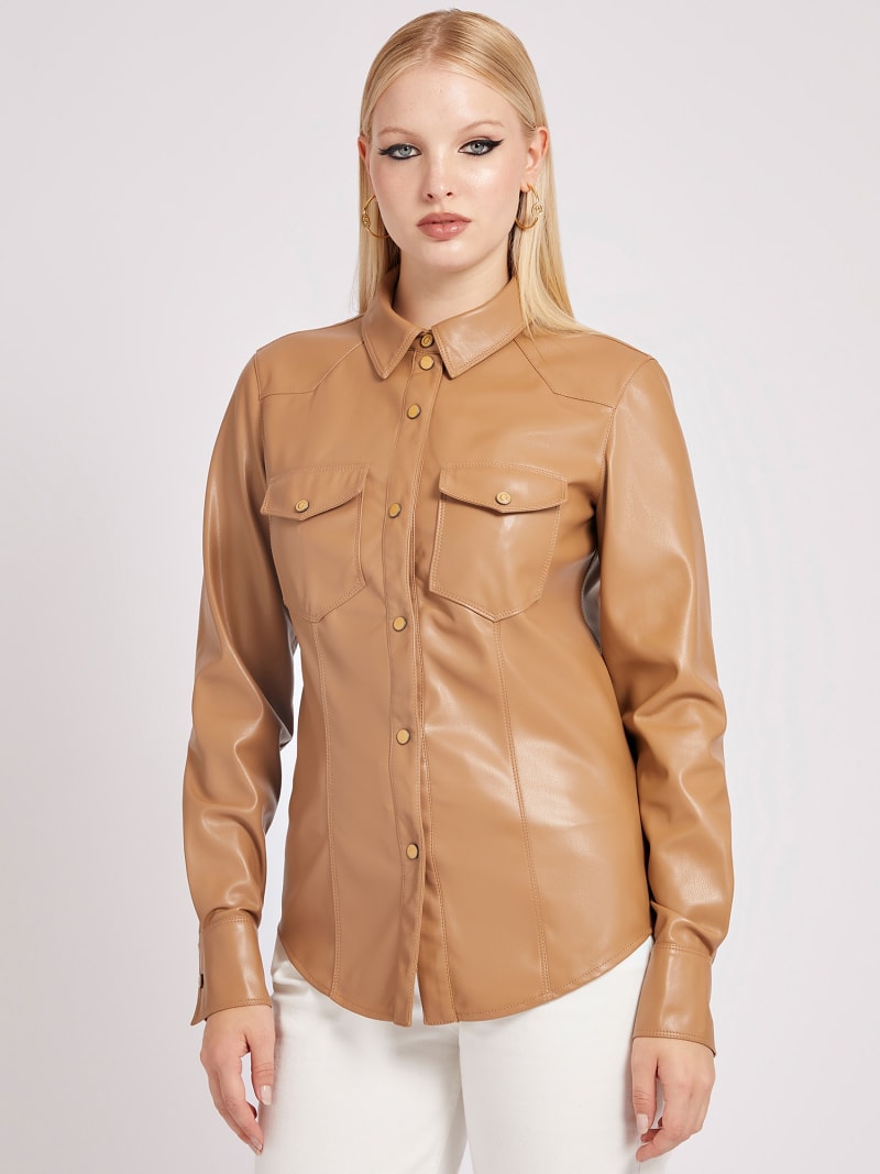 Womens faux leather button up shirt deals