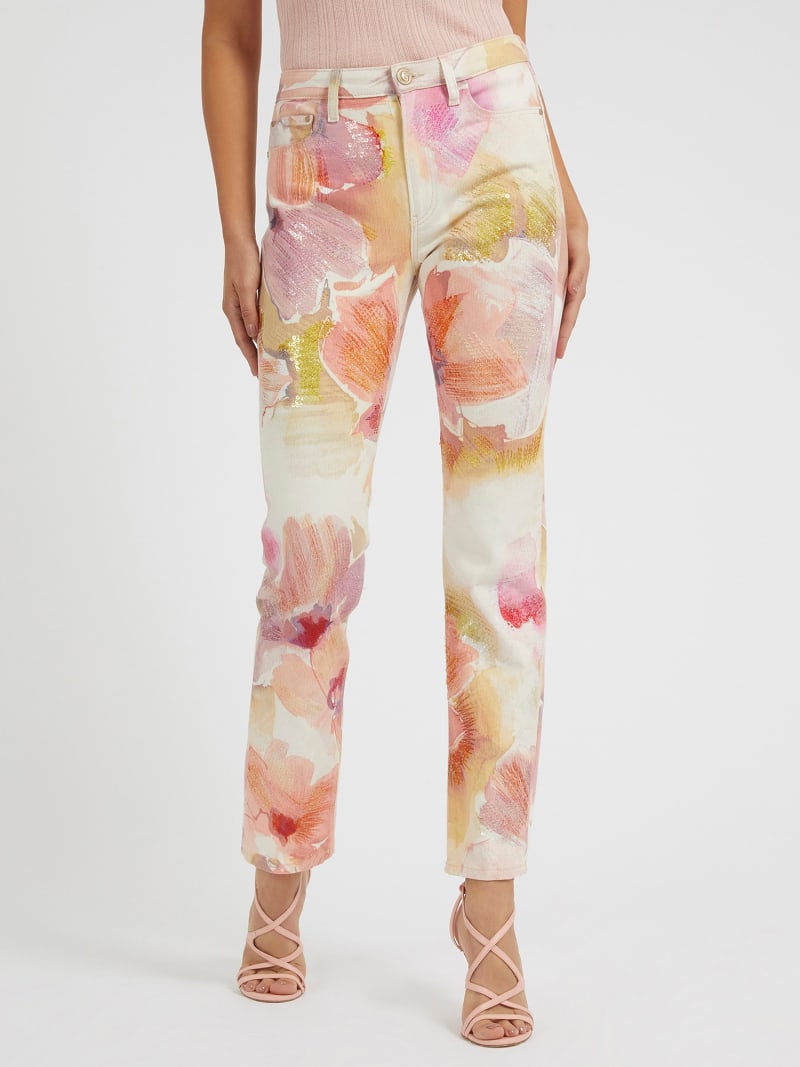 Floral print denim pant