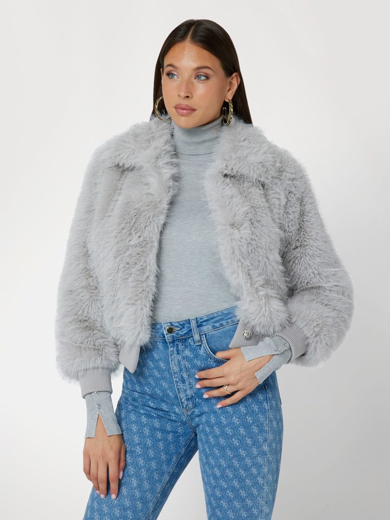 Grey fur bomber jacket hotsell