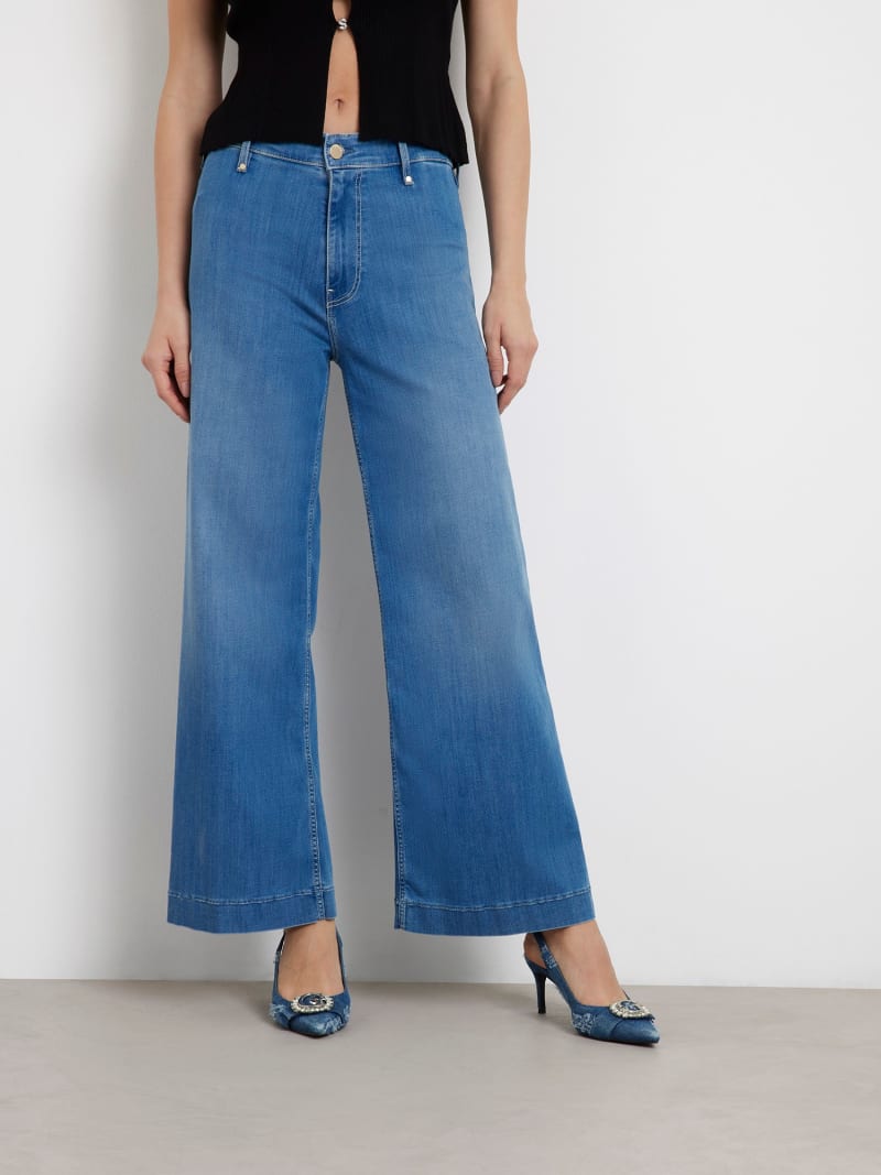 【GUESS USA】24fw FLARE DENIM PANT HEAVY STAINED MEDIUM WASH stained denim flare pants | GUESS